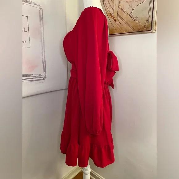 Long Sleeve Mini Dress Ties in Back Size M Red - Picture 8 of 15